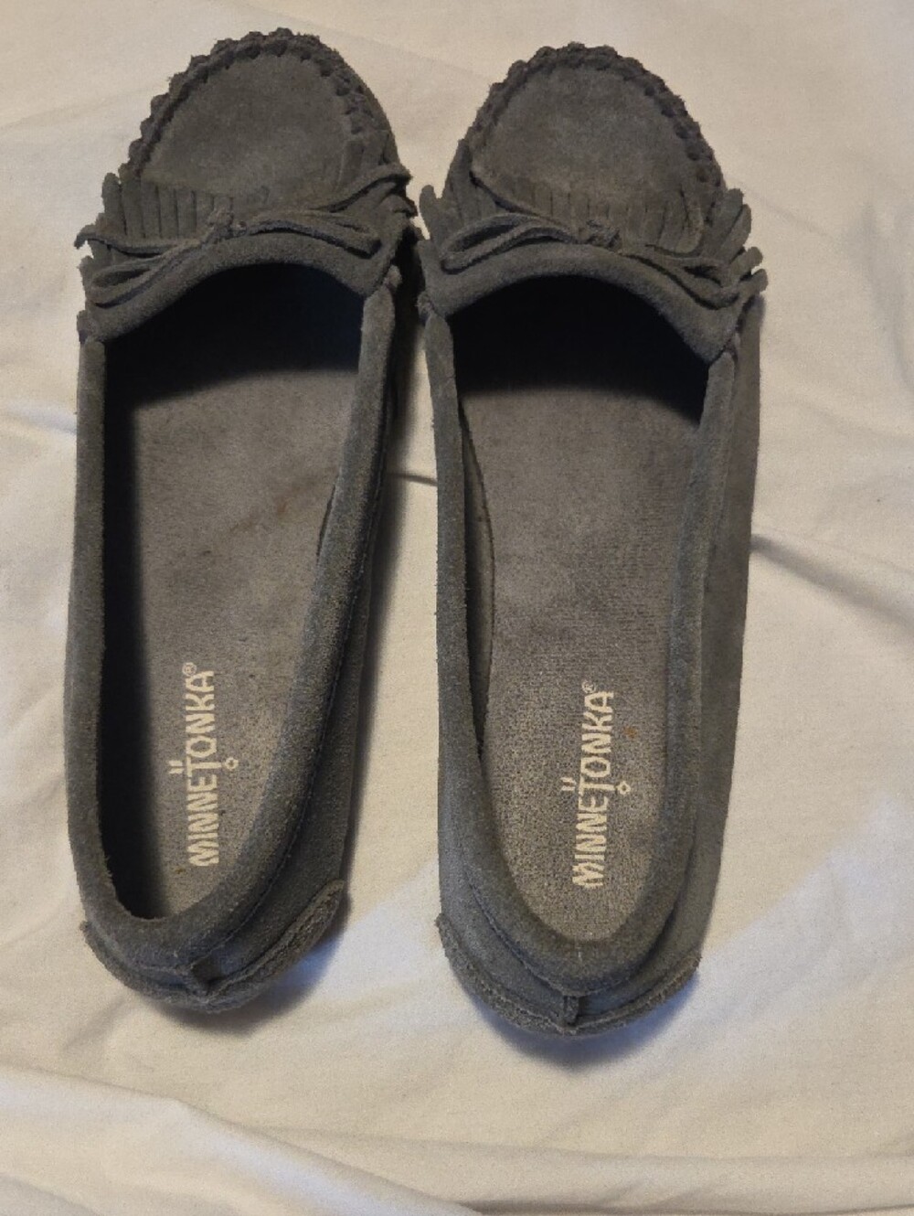 Minnetonka Women’s Gray Suede Kiltie Moccasins - Picture 3 of 9